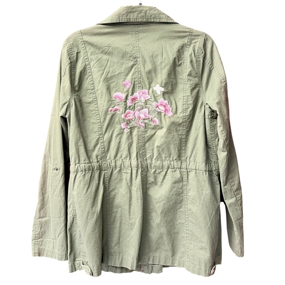 mi ami Utility Jacket Women L Green Floral Embroidered Cotton Full Zip Anorak